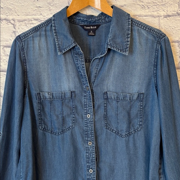 Terre Bleue Chambray Denim Long Sleeve Button Down Shirt Blue Size Small - Picture 1 of 14